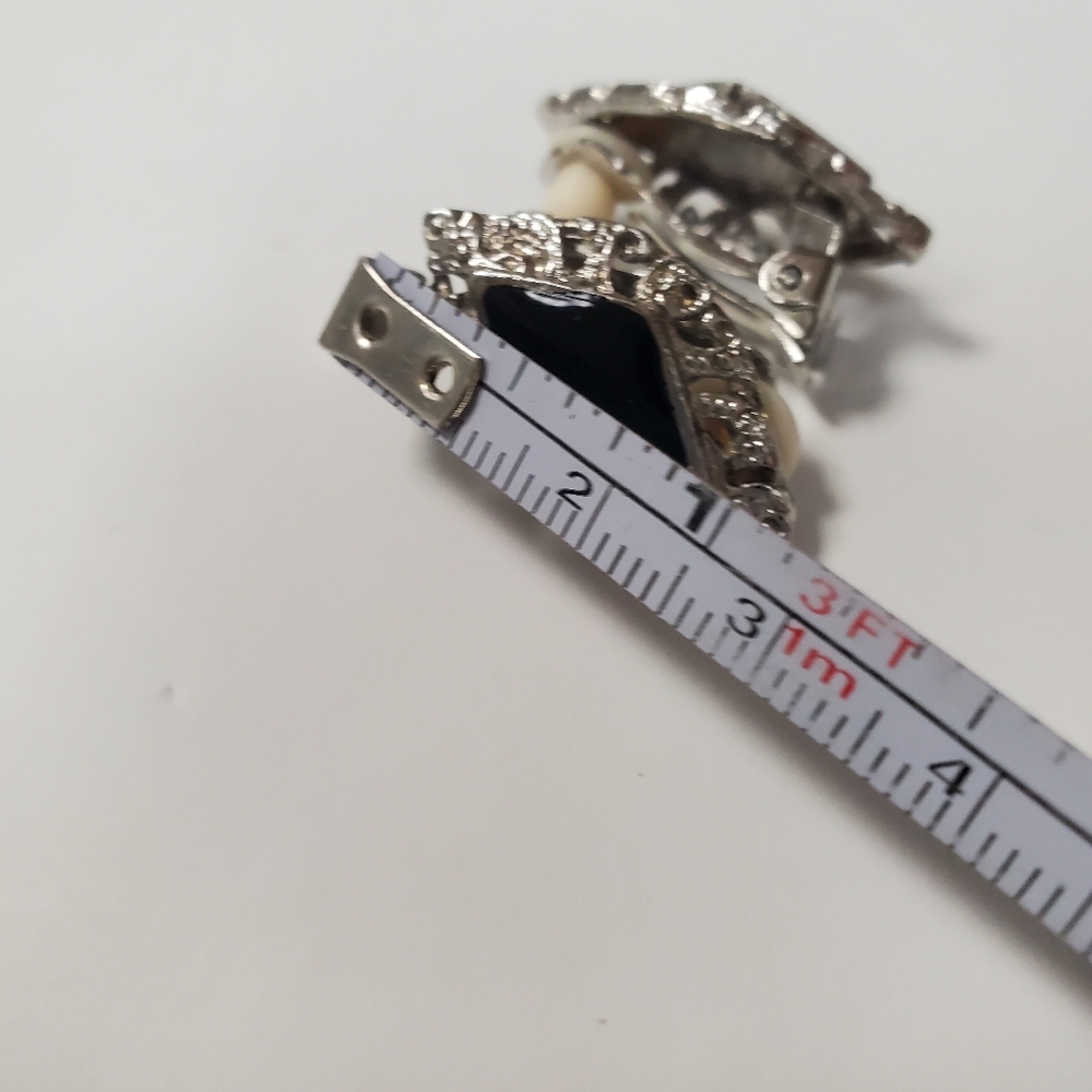 Silvertone and Black Stone Clip Earrings. NWOT - Picture 3 of 3